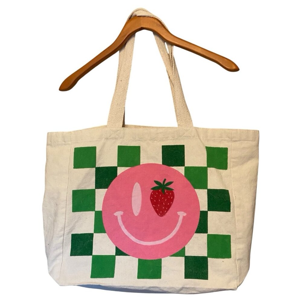 Green White Checker Board Canvas Tote Bag 16x15x6 Pink Smiley Face - Picture 2 of 8
